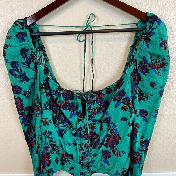 Free People Hilary Print Top Green Combo Shirt Crop Long Sleeve Blouse Size M T3 - Picture 7 of 11